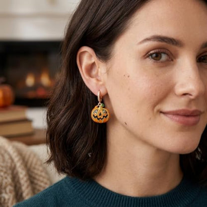 Sonateomber Christmas Tree Dangle Small Gold Hoop Earrings for Women, Cute Sparkly CZ Rhinestone Maple Clover Leaf Drop Earings Thanksgiving Holiday Accessories Fashion Jewelry Gift - color: Halloween Pumpkin