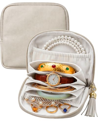 Small Travel Jewelry Case - Soft Vegan Leather Jewelry Organizer Storage Bag for Necklaces, Bracelets, Rings - Compact Jewelry Porch Travel Essentials for Women, Cream White - color: Cream White