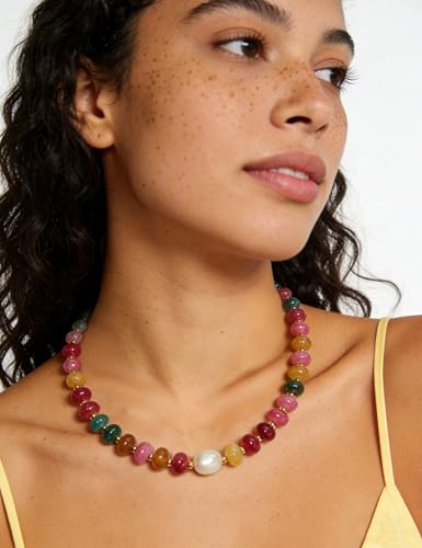 Beaded Necklace for Women,Natural Gemstone Necklace for Women,Colorful Bead Choker Necklace Handmade Surfer Beach Necklace Trendy Jewelry Gift for Women - style: With Pearl