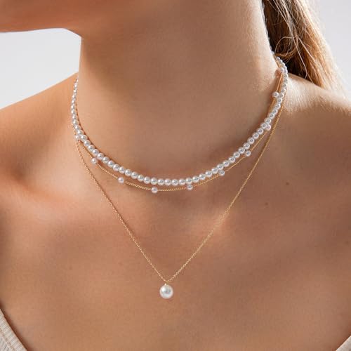 HERIER Gold Jewelry Set for Women - Dainty 14K Gold/Silver Plated Pearl Choker Necklace, Drop Earrings & Bracelets - Wedding Trendy Pearl Jewelry Gift - color: Pearl Necklace Set-Gold