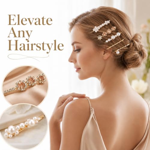 16 Pack Gold Rhinestone Pearl Decorative Bobby Pins Set Cute Hair Barrettes | Gold Hair Clips, Metal Hairs Pin, Small Fancy Bobby Pins for Women, White Bobby Pin, for Women