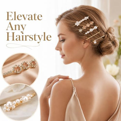 16 Pack Gold Rhinestone Pearl Decorative Bobby Pins Set Cute Hair Barrettes | Gold Hair Clips, Metal Hairs Pin, Small Fancy Bobby Pins for Women, White Bobby Pin, for Women