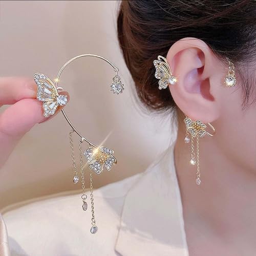 2Pcs Butterfly Ear Cuffs Rhinestone Clip On Earrings | Rhinestone butterfly ear cuffs with non piercing clip on design; silver ear wrap climber jewelry for parties and weddings - style: Style D Gold