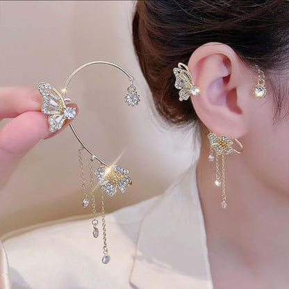 2Pcs Butterfly Ear Cuffs Rhinestone Clip On Earrings | Rhinestone butterfly ear cuffs with non piercing clip on design; silver ear wrap climber jewelry for parties and weddings - style: Style D Gold
