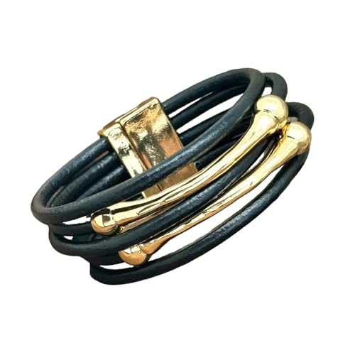 Bracelets for Women Leather Bracelet Multi-Layer Rope Wrap Bangle 14k Gold Plated Cirle Hollow Tube Boho Cuff Bangle Bracelets for Women Gift - style: Bone Tube-Balck Bangle