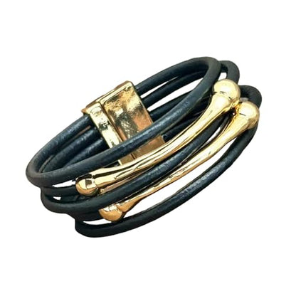 Bracelets for Women Leather Bracelet Multi-Layer Rope Wrap Bangle 14k Gold Plated Cirle Hollow Tube Boho Cuff Bangle Bracelets for Women Gift - style: Bone Tube-Balck Bangle