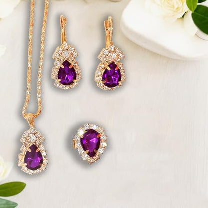 Jewelry Set for Women Love Heart Alloy Artificial Crystal Earrings Pendant Necklace Ring Wedding Party Prom Anniversary Birthday Engagement for Bridal Bridesmaid Girlfriend - color: purple water drop