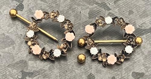 PAIR of Unique Floral Wreath 316L Surgical Steel Nipple Shields - Ring -14g - Body Jewelry - color: Silver