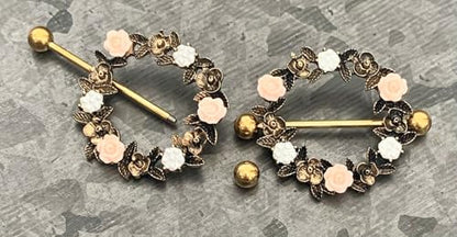 PAIR of Unique Floral Wreath 316L Surgical Steel Nipple Shields - Ring -14g - Body Jewelry - color: Silver