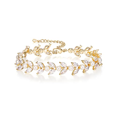 EVER FAITH Gorgeous Cubic Zirconia Pearl Wedding Link Bracelet for Bride | Marquise Teardrop Crystal Bridal Prom Jewelry, for Women Bridesmaids - style: Marquise_Clear Gold-Tone