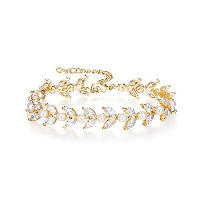 EVER FAITH Gorgeous Cubic Zirconia Pearl Wedding Link Bracelet for Bride | Marquise Teardrop Crystal Bridal Prom Jewelry, for Women Bridesmaids - style: Marquise_Clear Gold-Tone