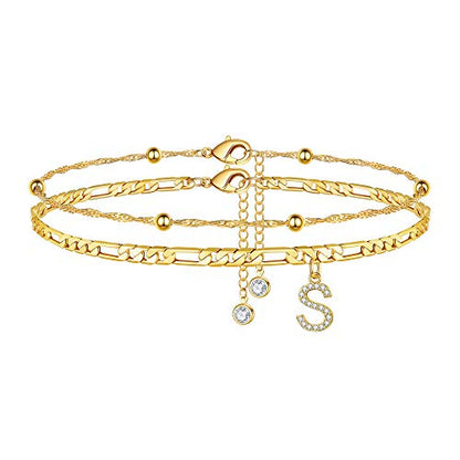 Ankle Bracelets for Women, 14K Gold Plated Dainty Layered Chain CZ Initial Anklets Summer Jewelry Gifts for Women - style: S-Gold