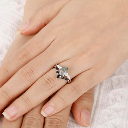 Moss Agate Bridal Wedding Rings Set for Women 925 Sterling Silver | Plated Platinum/Black Gold, Gothic, Vintage, Engagement Promise Ring, Anniversary Valentine Day Birthday Gift for Her - style: Platinum Plating Retro Cluster Ring