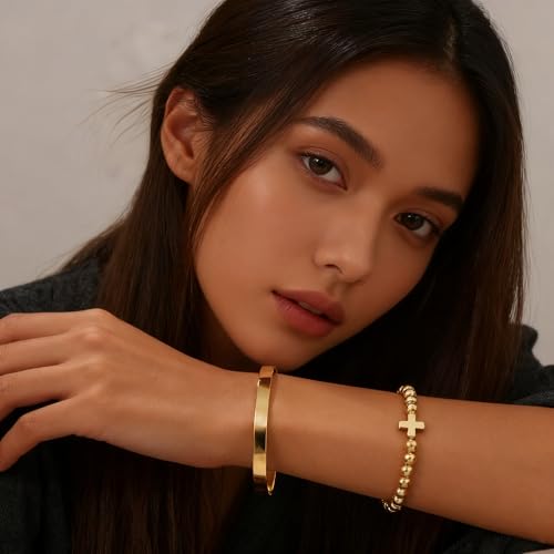 Gold Bangle Bracelets for Women Non Tarnish, 18k Gold Bracelet Stack Layered Chunky Cuff Bracelet Knot Cross Bowknot Bracelets Trendy Jewelry Set for Women Gifts - color: S05
