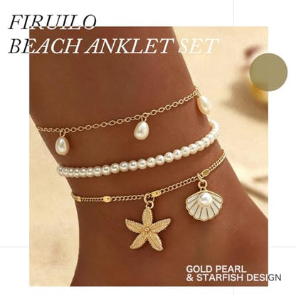 Beach Anklets for Women Pearl Anklet Set Shell Starfish Pendant Anklets Layered Foot Chain Jewelry