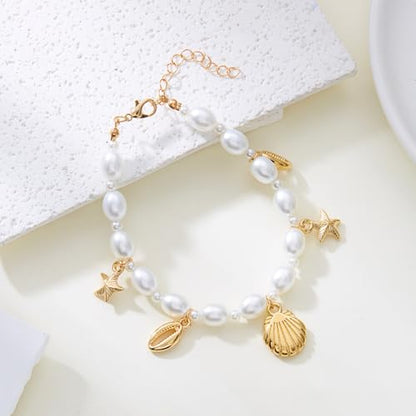 Qceasiy Shell Ankle Bracelets for Women, Boho Beaded Beach Anklet Set | Seashell, Heart, Starfish and Conch Styles, Gold-Tone, Stretch or Adjustable Fit, Layered Beach Vacation Jewelry Gifts - color: White 6