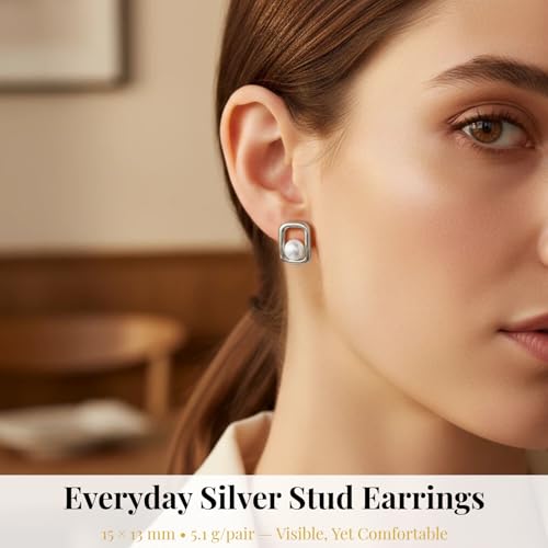 Pearl Geometric Stud Earrings for Women - 14k Gold Plated Pearl Square Studs 316 Stainless Steel Hypoallergenic Minimalist Rectangle Ear Jewelry Birthday Gifts for Her