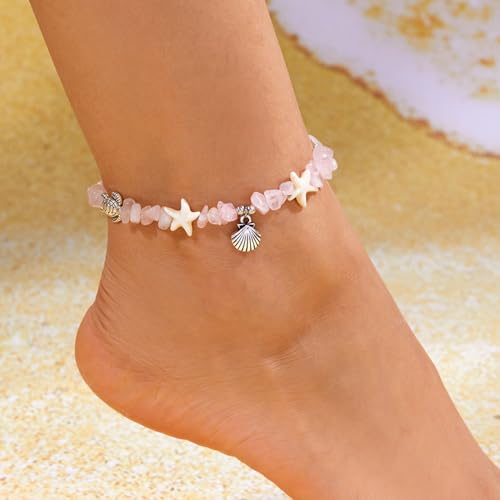 Boho Silver Shell Turtle Star Anklet for Women Adjustable Pink irregular Stone Foot Chain Daily Wear Coastal Summer Vacation Beachy Surfer Hawaiian Neck Jewelry