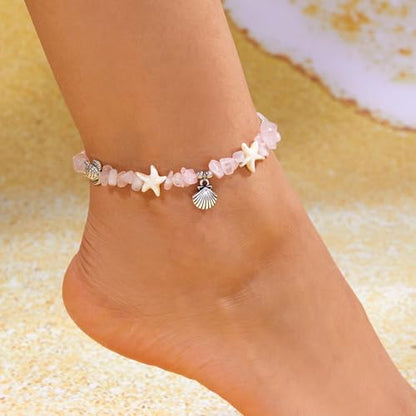 Boho Silver Shell Turtle Star Anklet for Women Adjustable Pink irregular Stone Foot Chain Daily Wear Coastal Summer Vacation Beachy Surfer Hawaiian Neck Jewelry