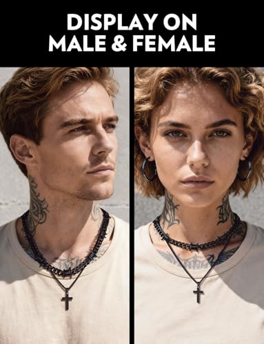 Bandmax Stainless Steel Barbed Wire Cuban Chain Necklace for Men & Women | Edgy Fierce Design, Waterproof & Tarnish Resistant, Silver/Black Tone, 5/7/9/12MM, 16-22 Inches, Street Punk Style Jewelry - color: A5 9MM+Layering Cross-Black, size: 16 Inch (40cm
