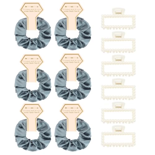 Bridesmaid Proposal Gifts, 12 PCS Bridesmaids Silk Hair Scrunchies & Pearl Hair Clips Set for Women Bachelorette Party Favors Bridal Shower Favors Bridesmaids Gifts for Wedding Day (Gray Green) - color: Gray-green