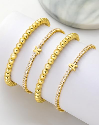 14K Gold Plated Bracelets for Women Dainty Tennis Initial Bracelet Trendy Beaded Stackable Charm Bracelets Layered Waterproof Bracelet Dainty Bracelet for Women Jewelry Gifts - style: D