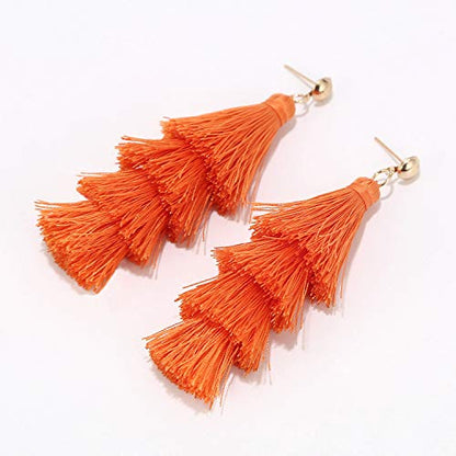 BaubleStar Bohemian Layered Tassel Drop Earrings for Women | Lightweight Statement Party Festival Jewelry - color: Russet Orange