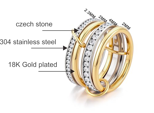 HERSIN Stackable Interlocked Rings for Women Non Tarnish, 14K Gold Plated Cubiz Zirconia Ring Chunky Rings Mixed Metal Multi Ring Dainty Stacking Rings Set Gold Jewelry for Women Gifts