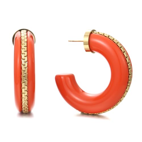 Gold Plated Resin Chunky Hoop Earrings Hypoallergenic Push Back Hoops for Sensitive Ears - color: Coral Orange