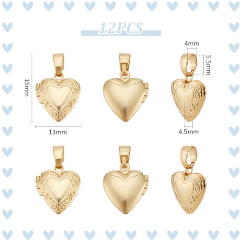 UNICRAFTALE 12Pcs Heart Charms Real 18K Gold Palted Locket Photo Frame Charms Love Dangle Charms Metal Memorial Charms with Pinch Bails Memory Necklace Making for Mother's Day Gift