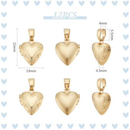 UNICRAFTALE 12Pcs Heart Charms Real 18K Gold Palted Locket Photo Frame Charms Love Dangle Charms Metal Memorial Charms with Pinch Bails Memory Necklace Making for Mother's Day Gift