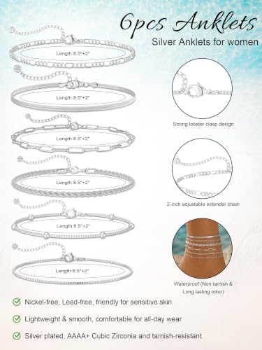 14K Gold/Silver Plated Anklets for Women Layered Anklet Set | Non Tarnish Waterproof Brass Ankle Bracelet, Adjustable Lightweight Dainty Hypoallergenic Chain, Beach Vacation Summer Gift - style: Style7