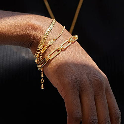 FRUMOS Dainty Layering Bracelets for Women 18 k Gold Plated Fashion Adjustable Chunky Cuban Paperclip Link Chain Bracelets Jewelry for Women Gift - color: Square snake bracelet