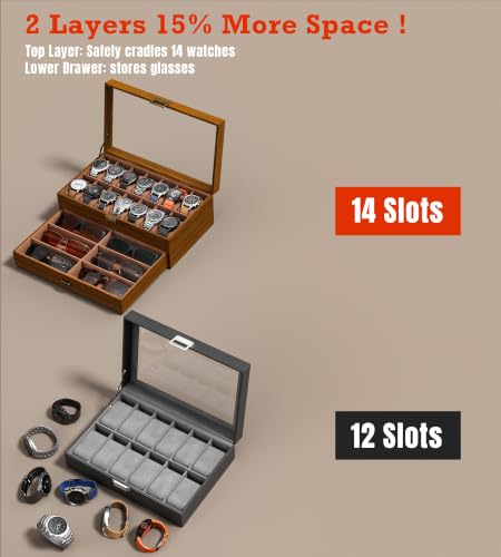Watch Case Box for Men - Ultra-thin Frame Wide Display 14 Slots 2-Layer Wooden Grain Watch Sunglass Storage Organizer, Real Glass Lid Display Case Gift for Dad Husband - size: 14 Slots, Wooden Pattern