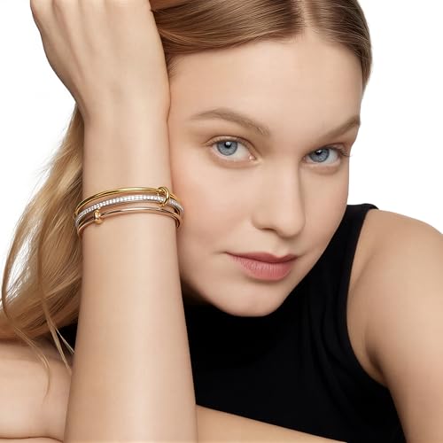 mixed metal Tri-Tone Bangles Bracelet for Women, 3/5 Pcs Stainless Steel Gold Plated Stackable Bracelet Set, Stylish Jewelry Gift - color: Silver zirconium + gold + rose gold, size: 72