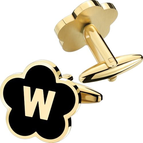 Initial Cufflinks for Mens,Personalized Black Glod Pated Letter Shirts CuffLinks,Stainless Steel Cuff Links, Business Wedding Gift A-Z - style: Letter W