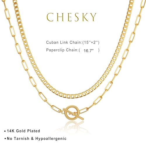CHESKY 14K Gold Plated Layered Chain Necklace for Women | Trendy Cuban Link Chain, Chunky Paperclip Chain, Toggle Clasp Necklace, Fashion Gold Jewelry, Daily Gift for Women - style: Toggle/Paperclip-GD