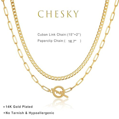 CHESKY 14K Gold Plated Layered Chain Necklace for Women | Trendy Cuban Link Chain, Chunky Paperclip Chain, Toggle Clasp Necklace, Fashion Gold Jewelry, Daily Gift for Women - style: Toggle/Paperclip-GD