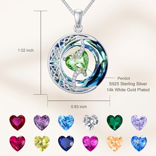 TOUPOP Birthstone Necklace Women Sterling Silver Moon Star Birthday Jewelry | Celtic Moon Pendant with Blue Crystal Anniversary Christmas Jewelry Gifts for Wife Mom Her - color: A-08-Peridot
