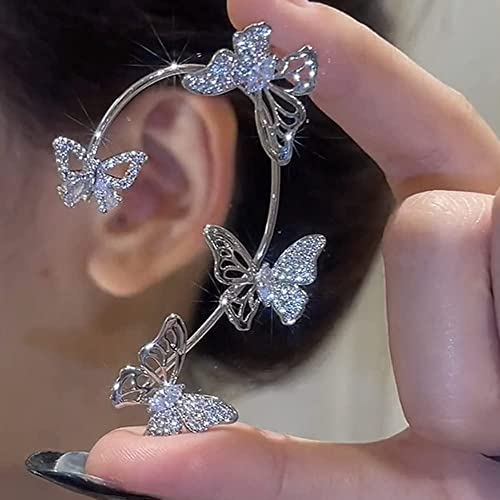 2Pcs Butterfly Ear Cuffs Rhinestone Clip On Earrings | Rhinestone butterfly ear cuffs with non piercing clip on design; silver ear wrap climber jewelry for parties and weddings - style: Style C Silver