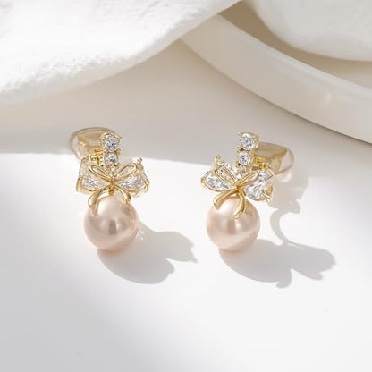 YOQUCOL Golden Bow Clip On Stub,Danle Drop Earrings for Women Simulated Pearl Christmas Xmas Bowknot Non Pierced Earrings - color: Dangle Clip-02