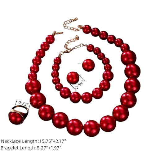 Large Big Simulated Pearl Adjustable Chain Necklace Bracelet Dangling Earrings Ring for Women Jewelry Set Imitation Dainty Elegant Wedding Party Birthday - color: red