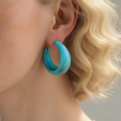 Punk Turquoise Hoop Earring Chunky Acrylic Hoop Earrings Blue Turquoise Circle Earring Acrylic Resin Hoops Earrings Wide C Shape Western Statement Jewelry for Women - color: Blue