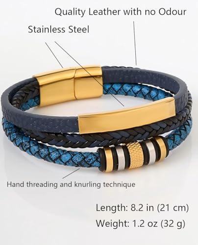 Italian Handmade Leather Bracelets for Men - color: Braided Gold Blue, size: 8.2"