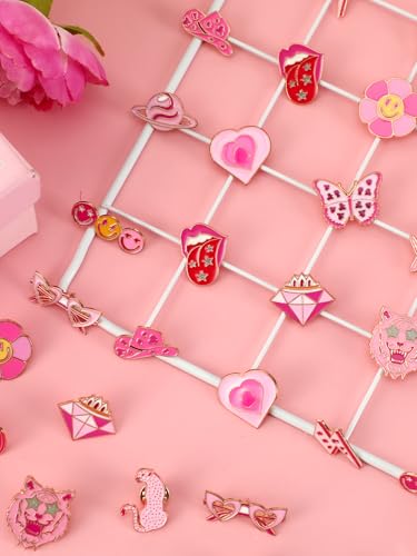 JUNEBRUSHS 28pcs Girl Pink Power Brooch Pins Pink Ribbon Lapel Pins for Women Girl Power Clothes Preppy Decorations Accessories - style: Pink Power Style