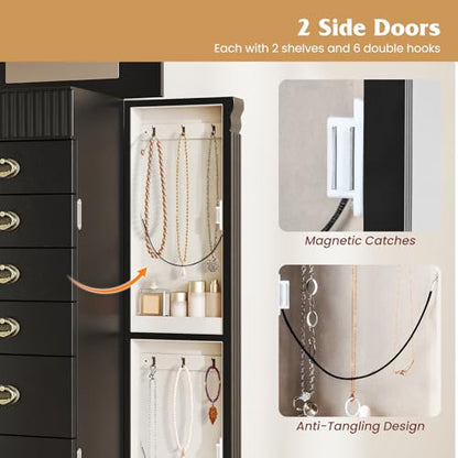 Giantex Standing Jewelry Cabinet with 7 Drawers, Flip-Top Mirror, 2 Side Doors with 12 Necklace Hooks, Divided Ring Compartments, Velvet-Lined Jewelry Armoire Organizer Chest (Black) - color: Black