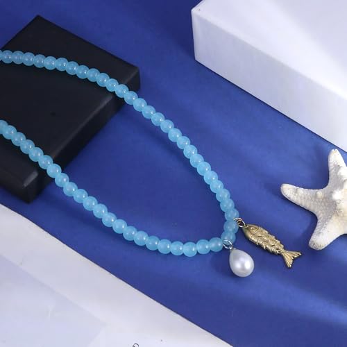 Fish Shell Necklace for Women, Beaded Necklaces Boho Statement Necklace, Pearl Necklaces Summer Beach Vacation Dress & Costume Jewelry - color: Ocean Blue-fish