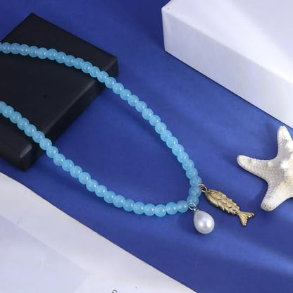 Fish Shell Necklace for Women, Beaded Necklaces Boho Statement Necklace, Pearl Necklaces Summer Beach Vacation Dress & Costume Jewelry - color: Ocean Blue-fish