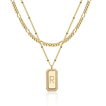 Gold Initial Necklace for Women 14K Gold Plated Figaro Chain Choker Layered Necklaces Set Bar Rectangle Pendant Necklaces Simple Dainty Letter Necklace Everyday Gold Jewelry - style: Letter R