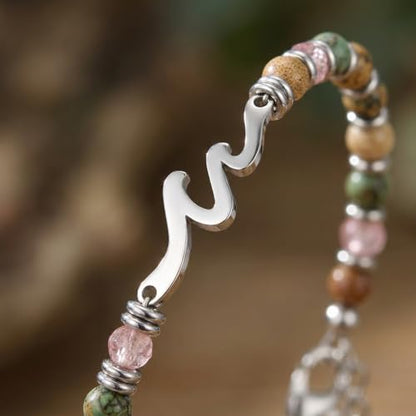 Natural Stone Beaded Bracelet for Women with Wave/Cross Charm - Stainless Steel Adjustable Resilience & Faith Jewelry, Earthy Boho Gift for Her - color: Silver-Wave